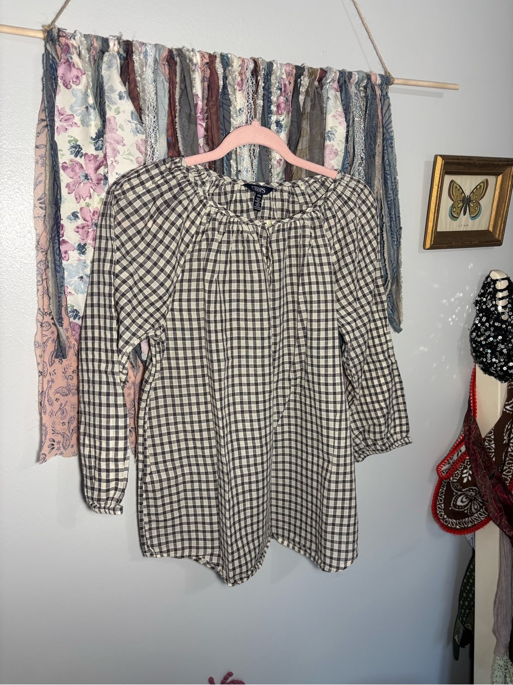 Chaps black and white gingham blouse with balloon sleeves and pearl button front